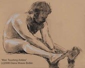 MAN TOUCHING ANKLES -- Original Art, Charcoal and chalk, 12x16 inch Drawing on Canson paper, unframed, by Diana Moses Botkin
