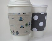 Reusable Reversible Coffee Sleeve - Blue and Green Robot Line with Gray polka dots