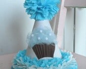 Birthday Boy Blue tulle cupcake party hat- First Birthday Custom crepe paper party hat Il_170x135