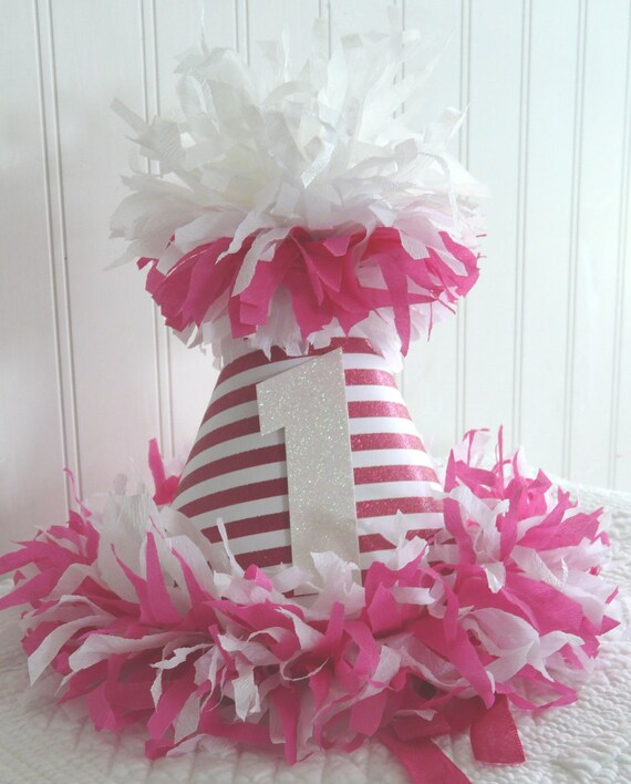 The Stephanie Stripes Hot Pink Stripes Happy Birthday Party Hat with glitter one Il_570xn