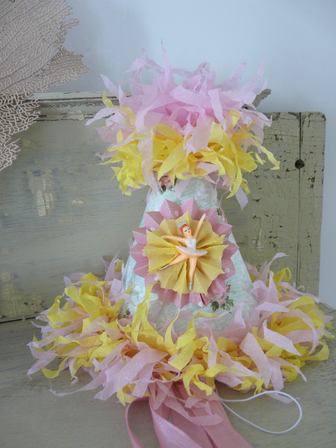 Birthday Party Hat-Vintage Ballerina Cake Topper Party Hat in Yellow, Pink Vintage Wallpaper Floral