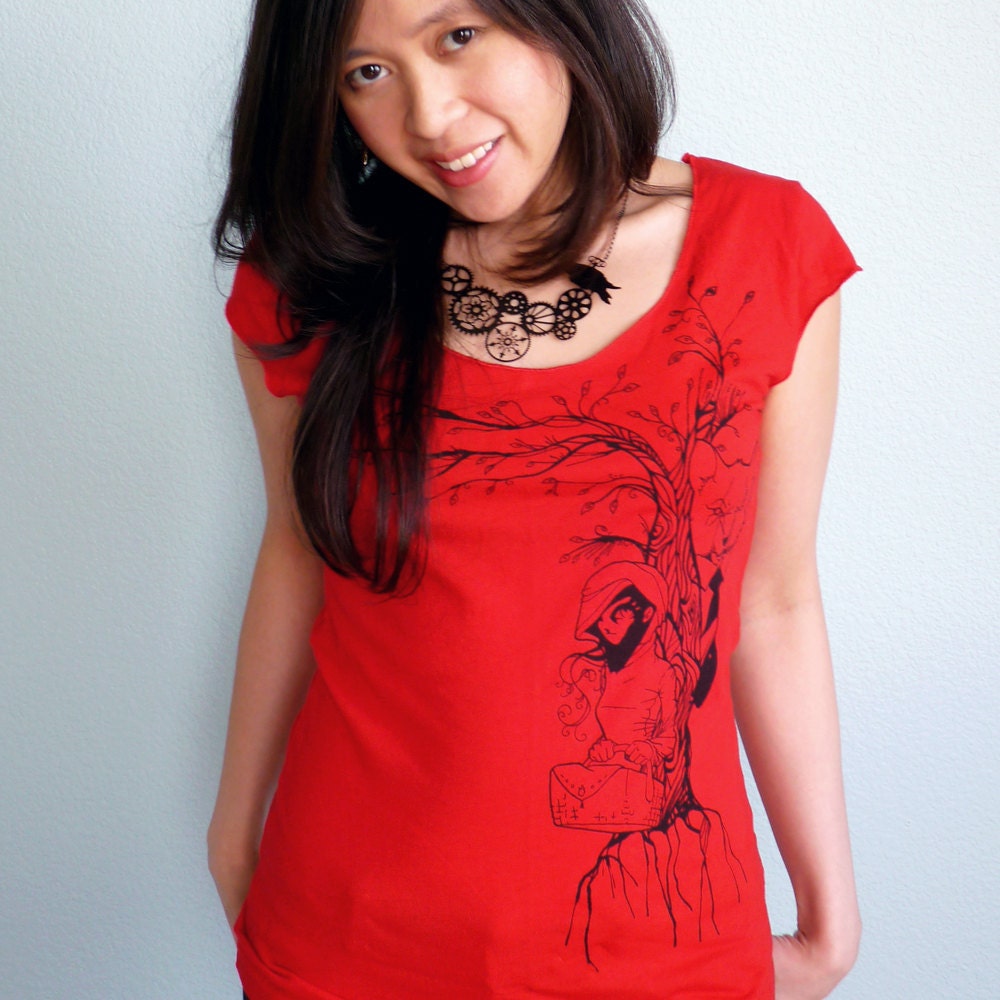 Wolf Womens Tshirt - Fairytale Tshirt - Little Red Riding Hood Scoop Neck Top - Gifts for Women