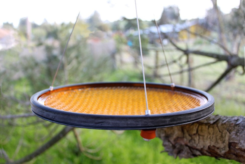 12" glass Bird bath, Bird feeder upcycled Yellow traffic light eco friendly