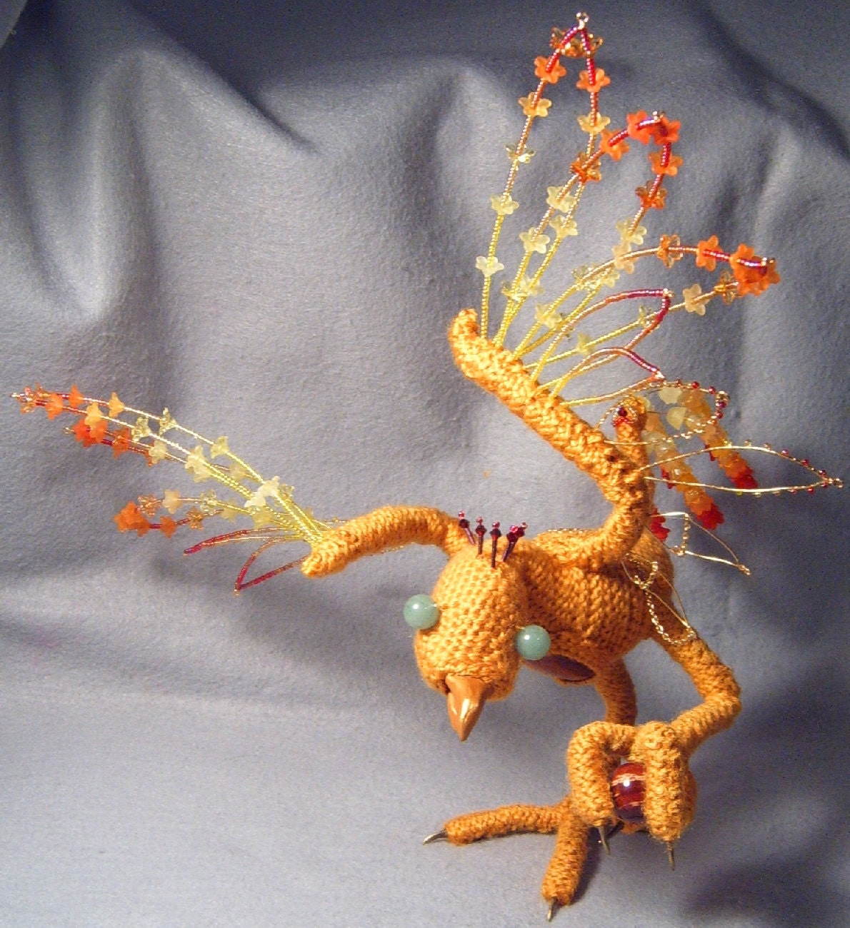 Pyrria, OoaK poseable crocheted and beaded pyre bird