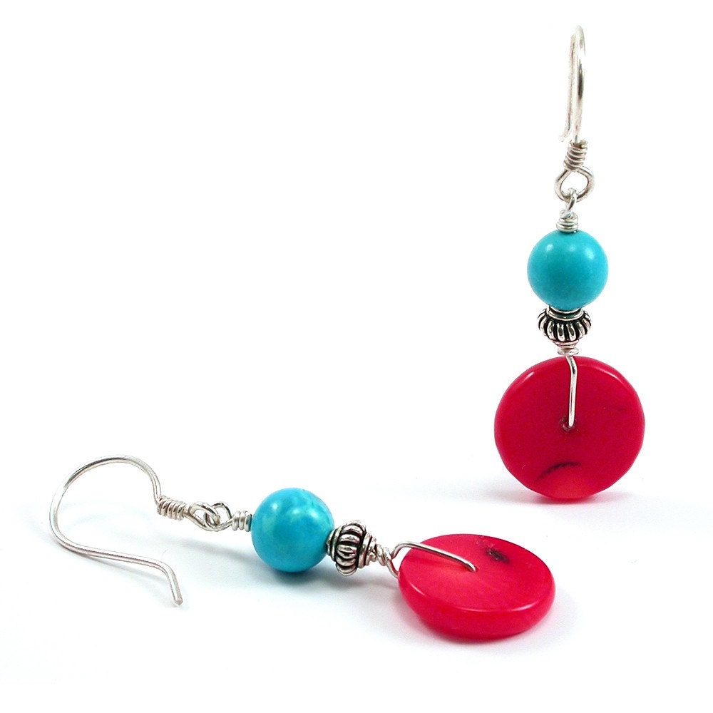 Earrings: Turquoise, Sterling Silver, Red Coral Wrapped Dangles.  Artisan Jewelry by SilviaMaciasDesigns on Etsy