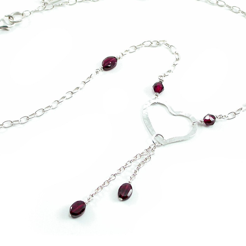 Necklace: Garnet, Sterling Silver, Forged Heart, Beaded Tassel Dangle.  Artisan Jewelry by SilviaMaciasDesigns on Etsy