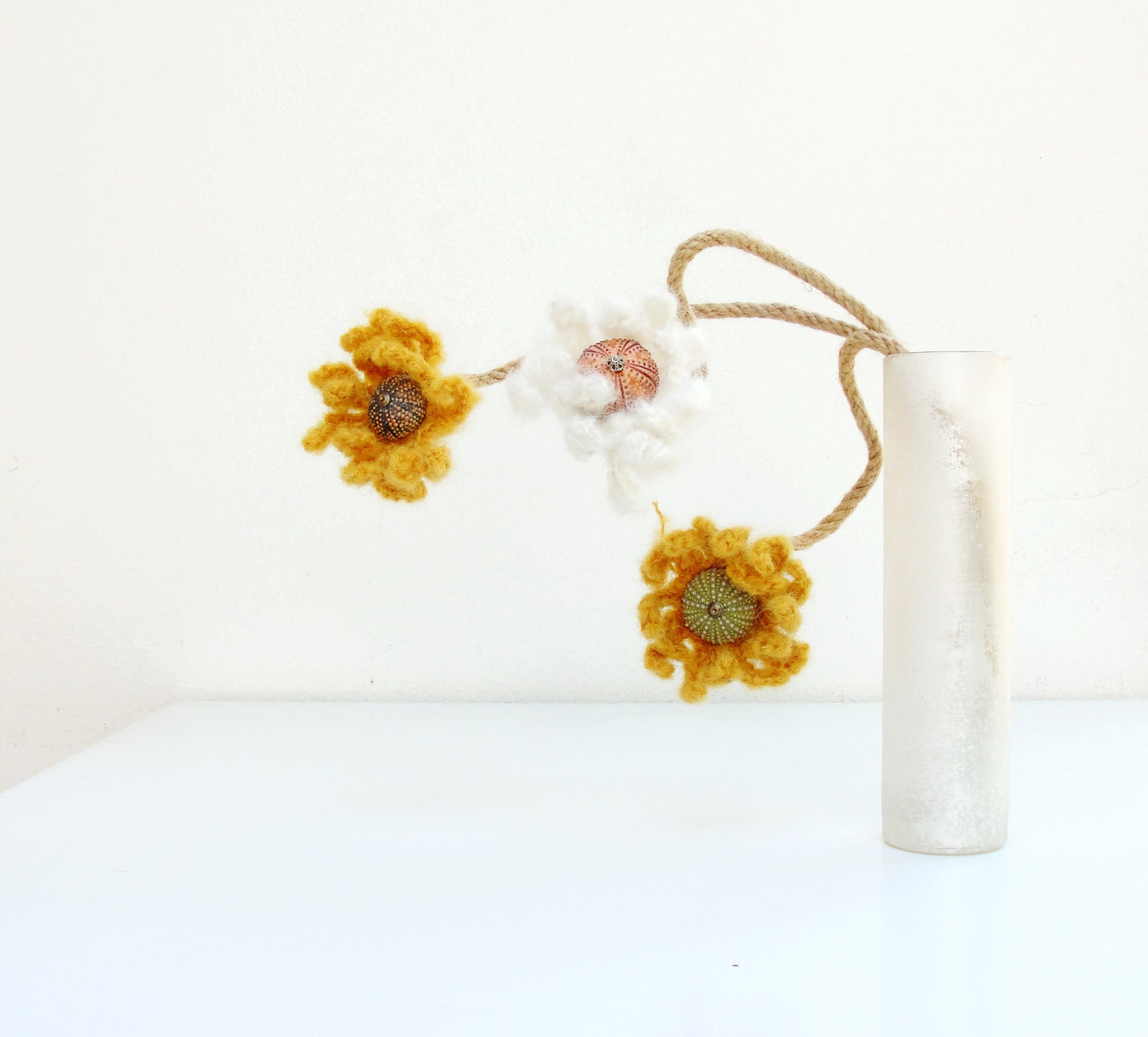 Crochetted Mohair Sea Urchin Flower with Jute wired Stem - Pick your Color