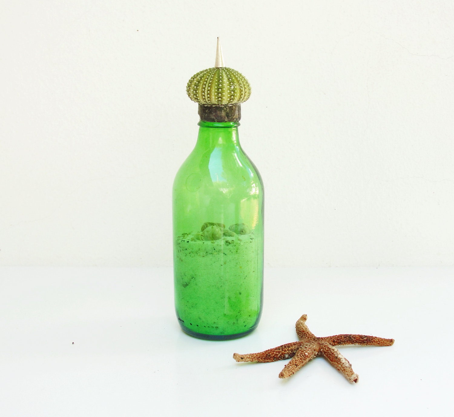 Coastal Bottle - Sea Urchin, Seashells, Sand, Green Glass Bottle