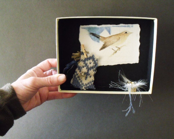 Little Brown Bird              watches her nest eggs  Shadow Box mixed media assemblage   Original Watercolour