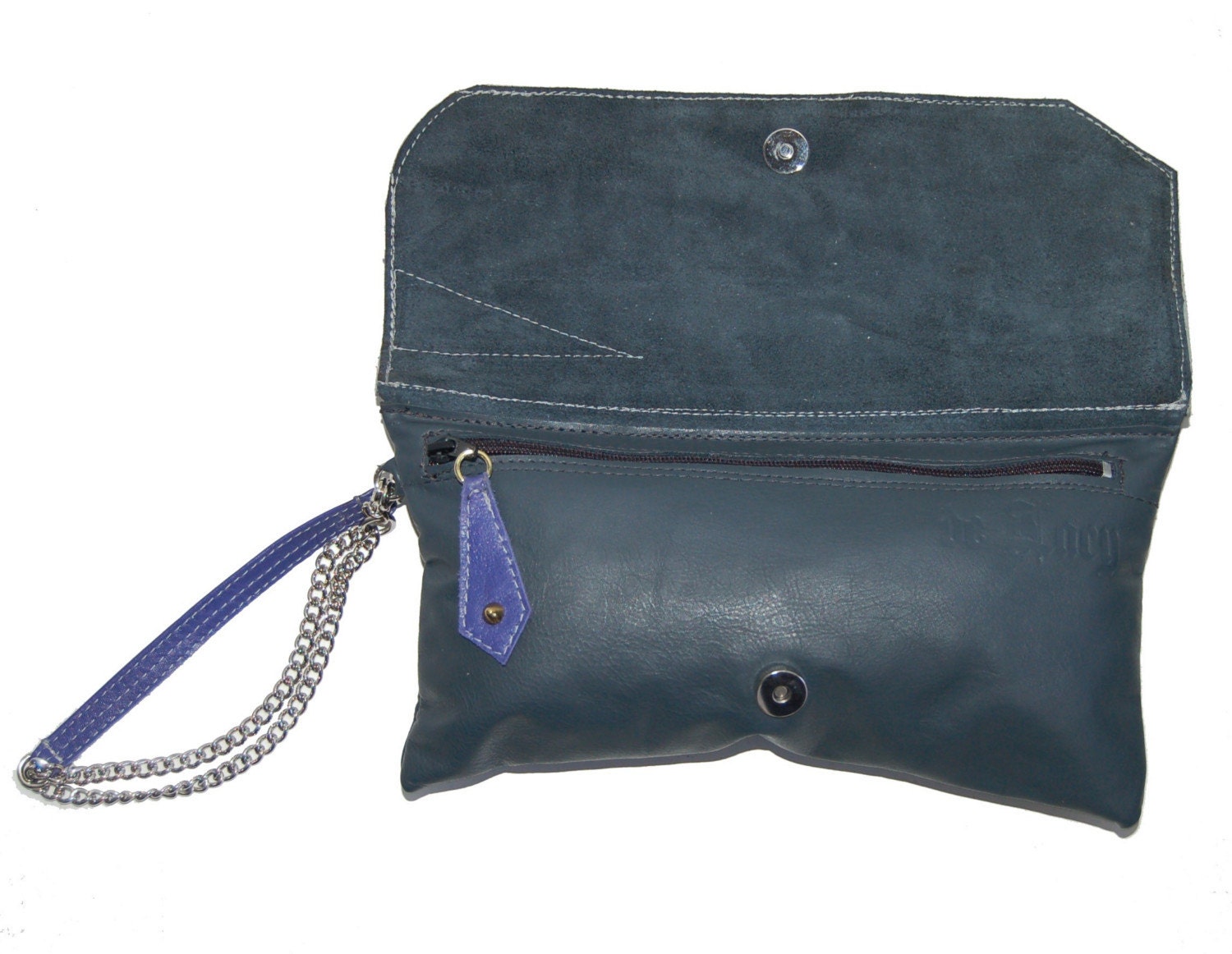 Studded grey and purple leather clutch bag, handmade.