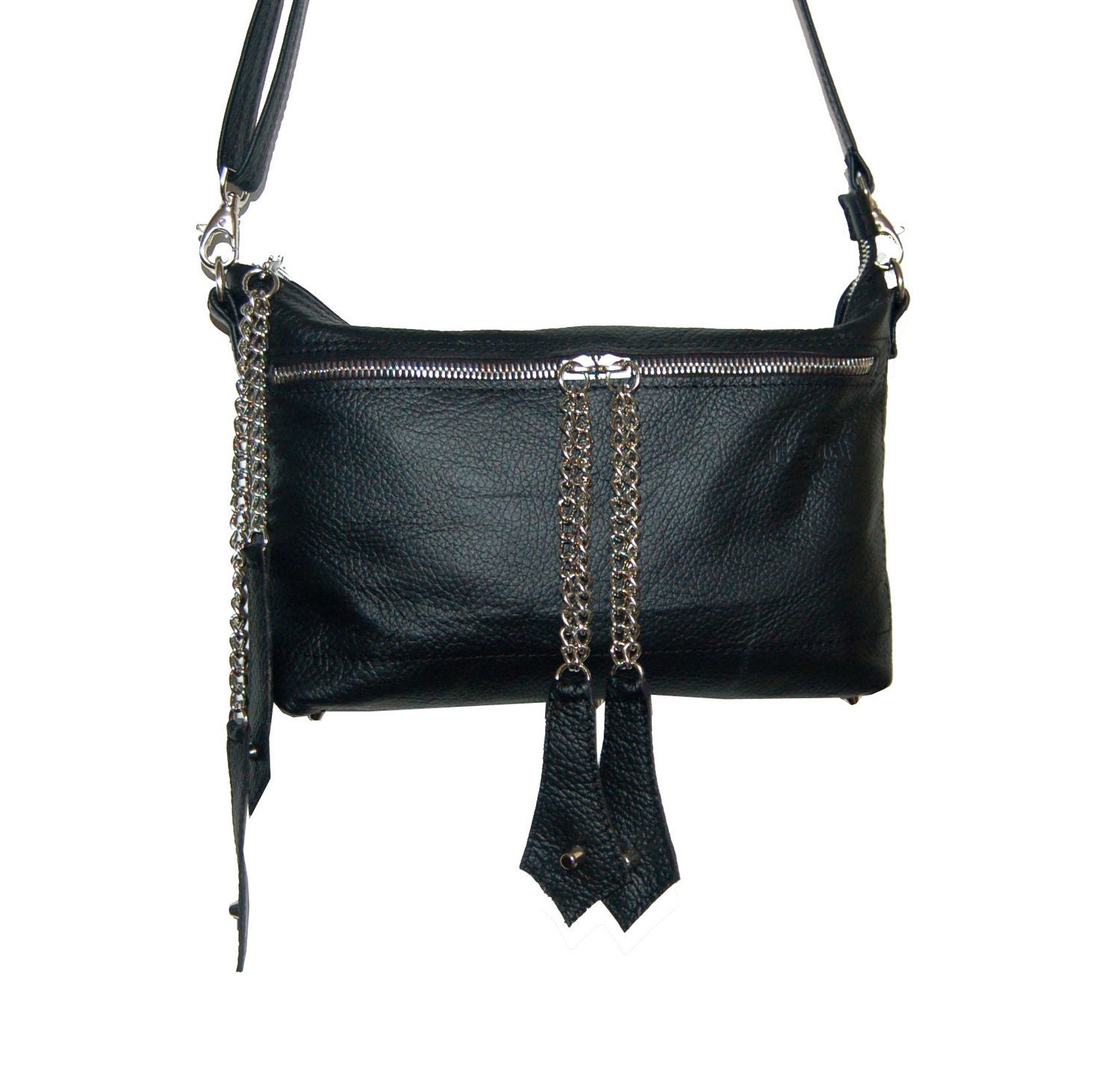 Eloise, black leather shoulder bag with leather chain zip pulls, handmade.