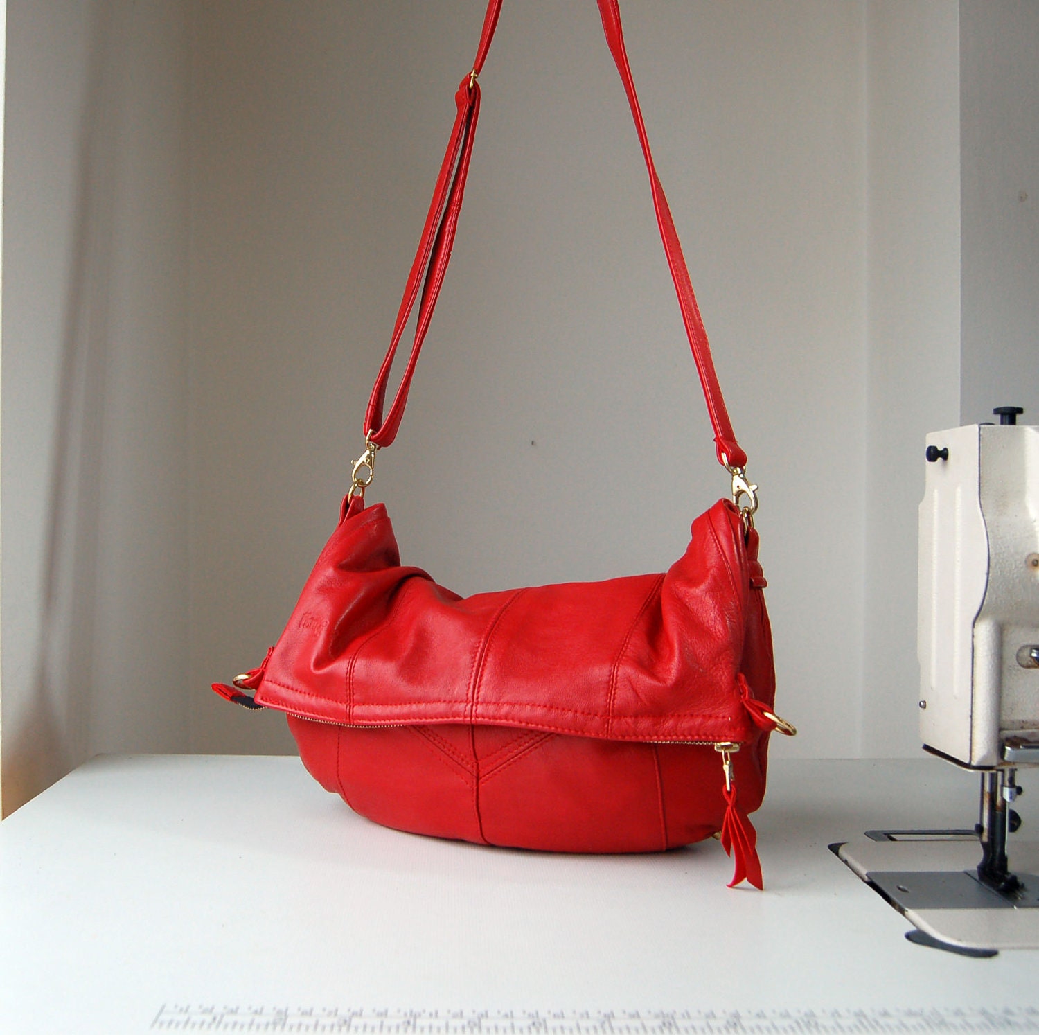 Roselle, three size red leather hobo bag, handmade