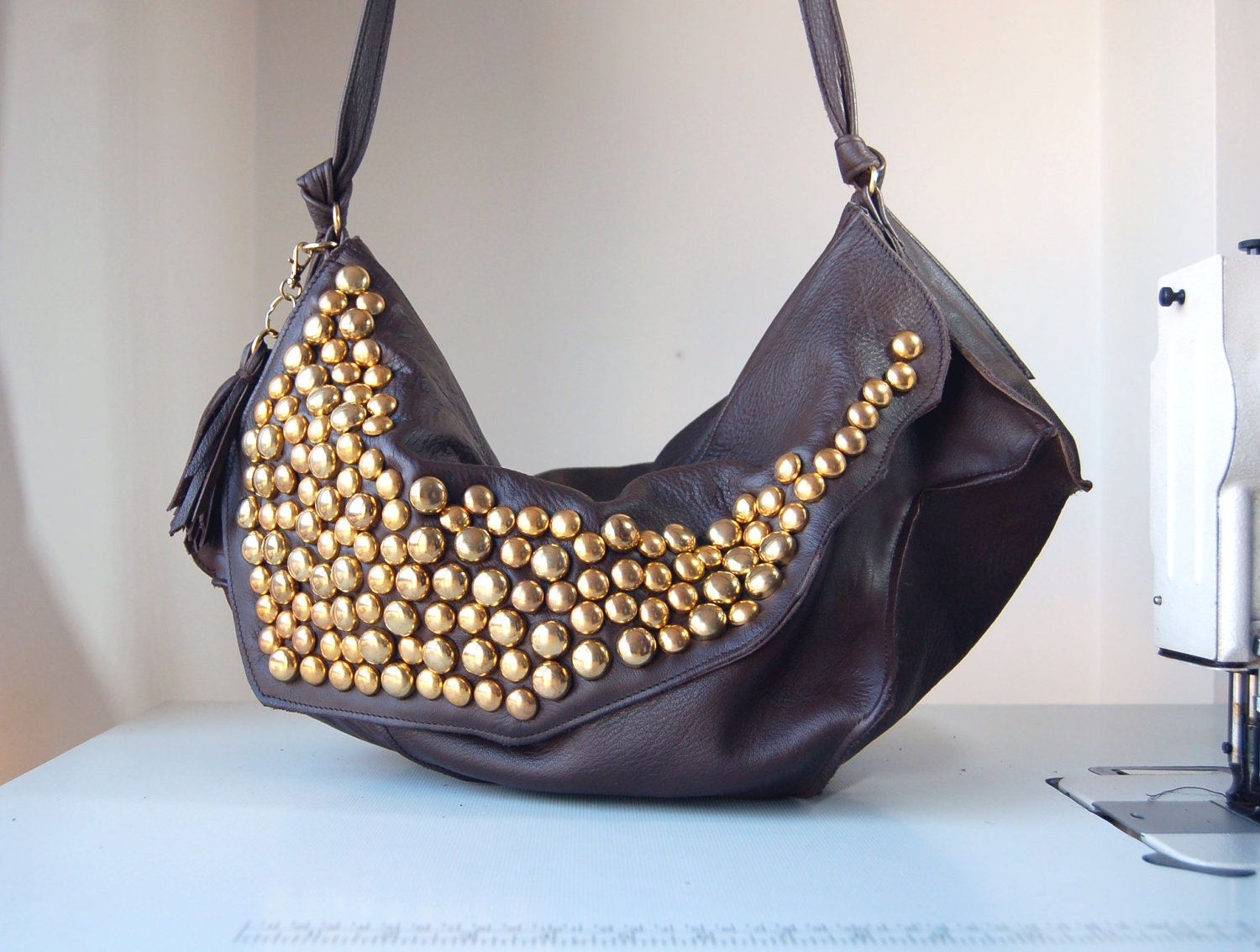 Coralie, studded brown leather hobo bag purse, handmade.