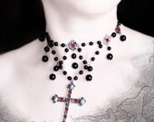 Deluxe Gothic Victorian Jewelry Black Rosary Cross Choker With Red Rhinestone