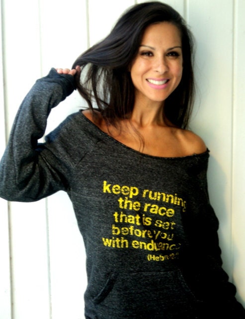 Keep Running the Race that is Set Before You with Endurance Off-the-Shoulder Girly Sweatshirt Size MEDIUM