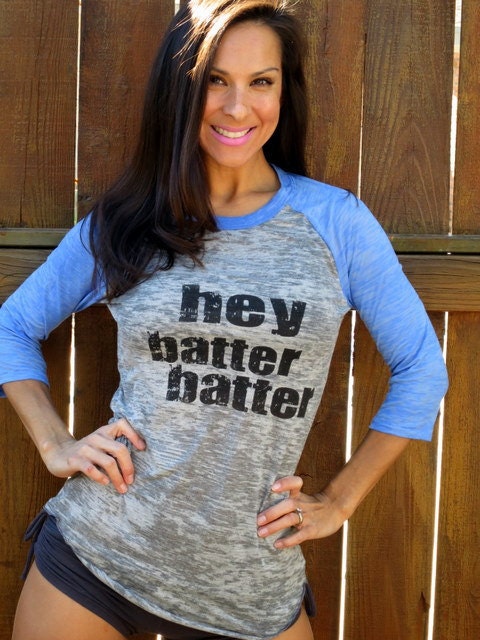 Hey Batter Batter. Burnout Baseball Tee- Sky Blue Sleeves, Unisex size XS