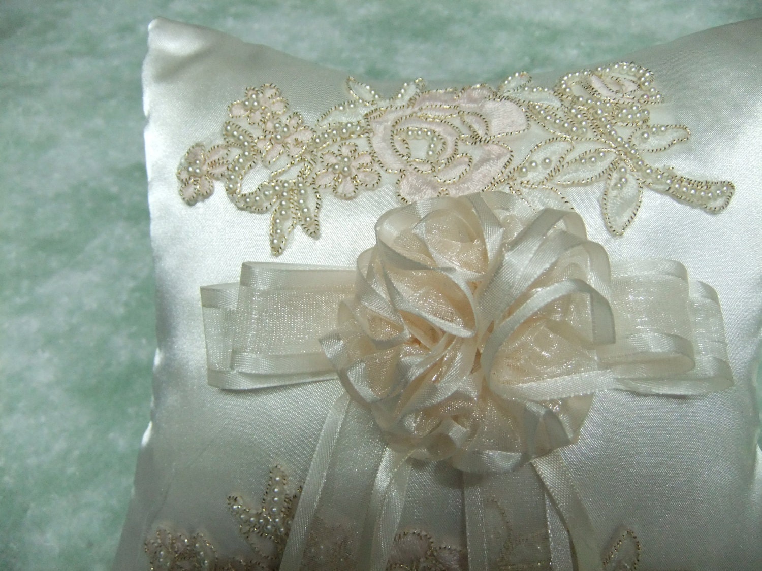 Ivory Satin Ring Pillow With Beaded Motif - Ring Bearer