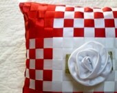 Woven Ribbon Pillow with Removable Rose Pin Brooch - Red White - Made to Order - Ribbon Weave