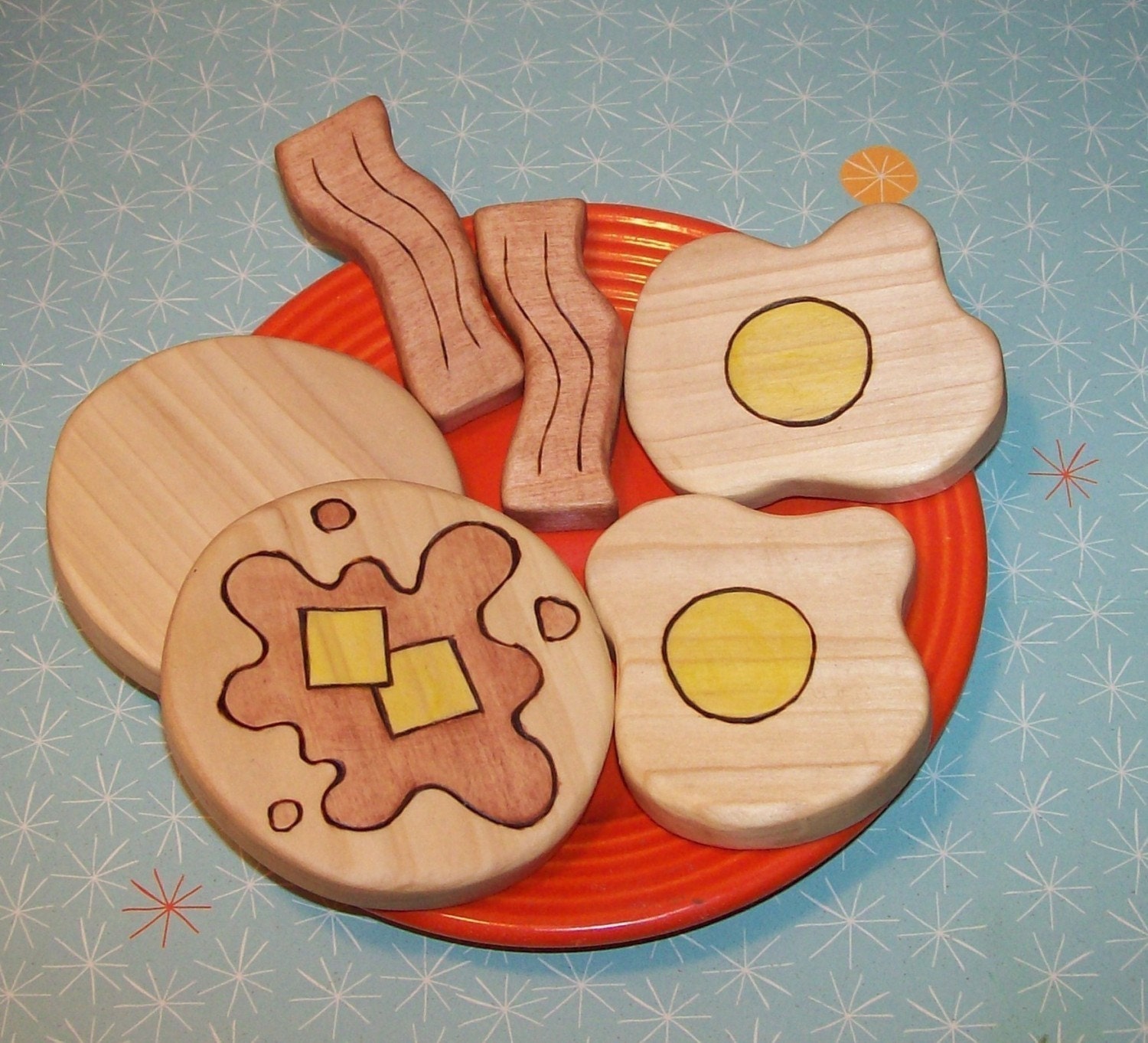Waldorf Inspired Kids Wooden Pancakes, Eggs and Bacon Toy Breakfast Set