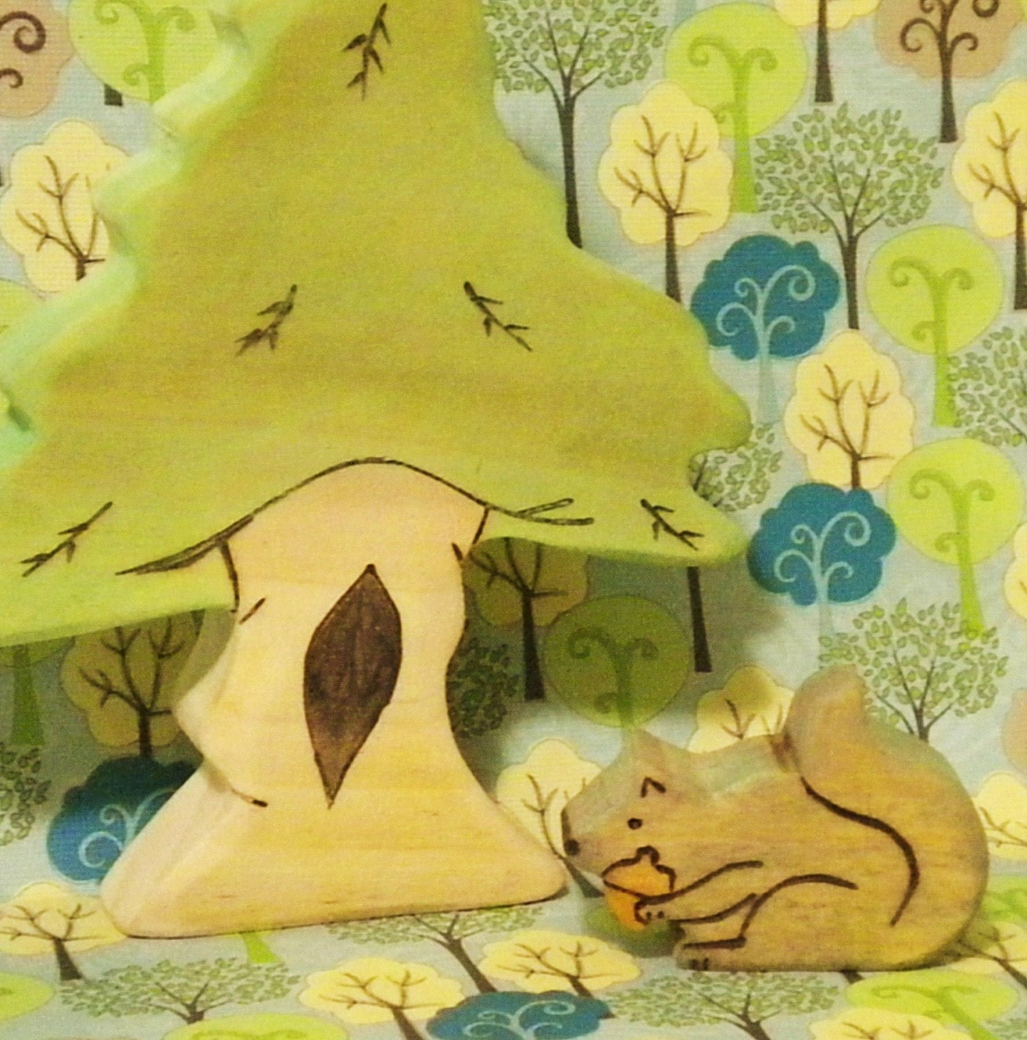 Waldorf Inspired Children's Cute Little Wooden Grey Squirrel with Acorn Play Toy