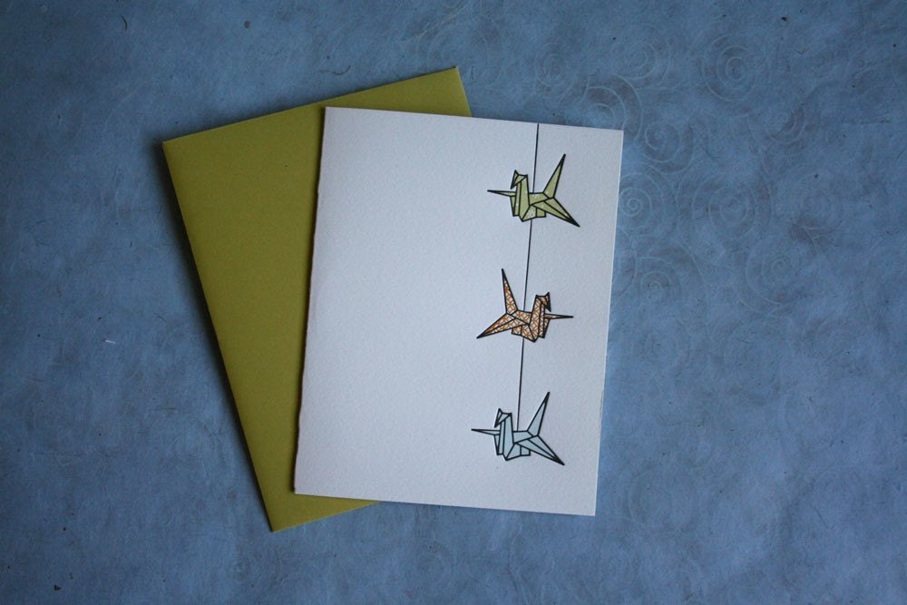 Set of 6 - Letterpress Printed String of Cranes Cards (Chartreuse-Orange-Light Blue)