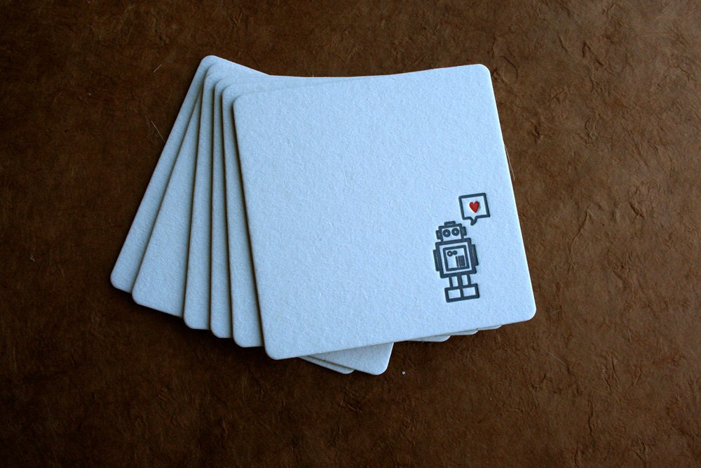 Set of 12 - Letterpress Printed Robot with Heart Coasters
