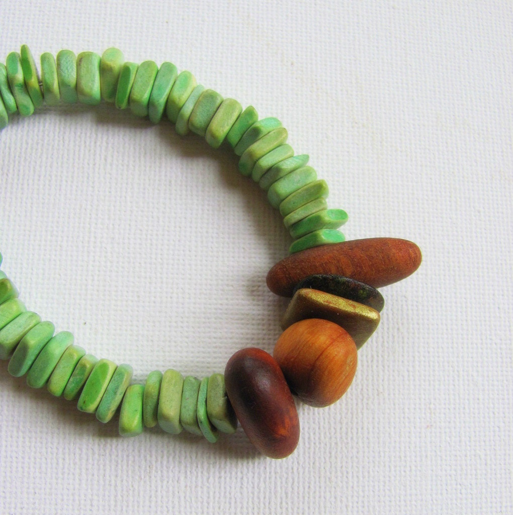 Green Bone Bracelet with Recycled Timber Beads