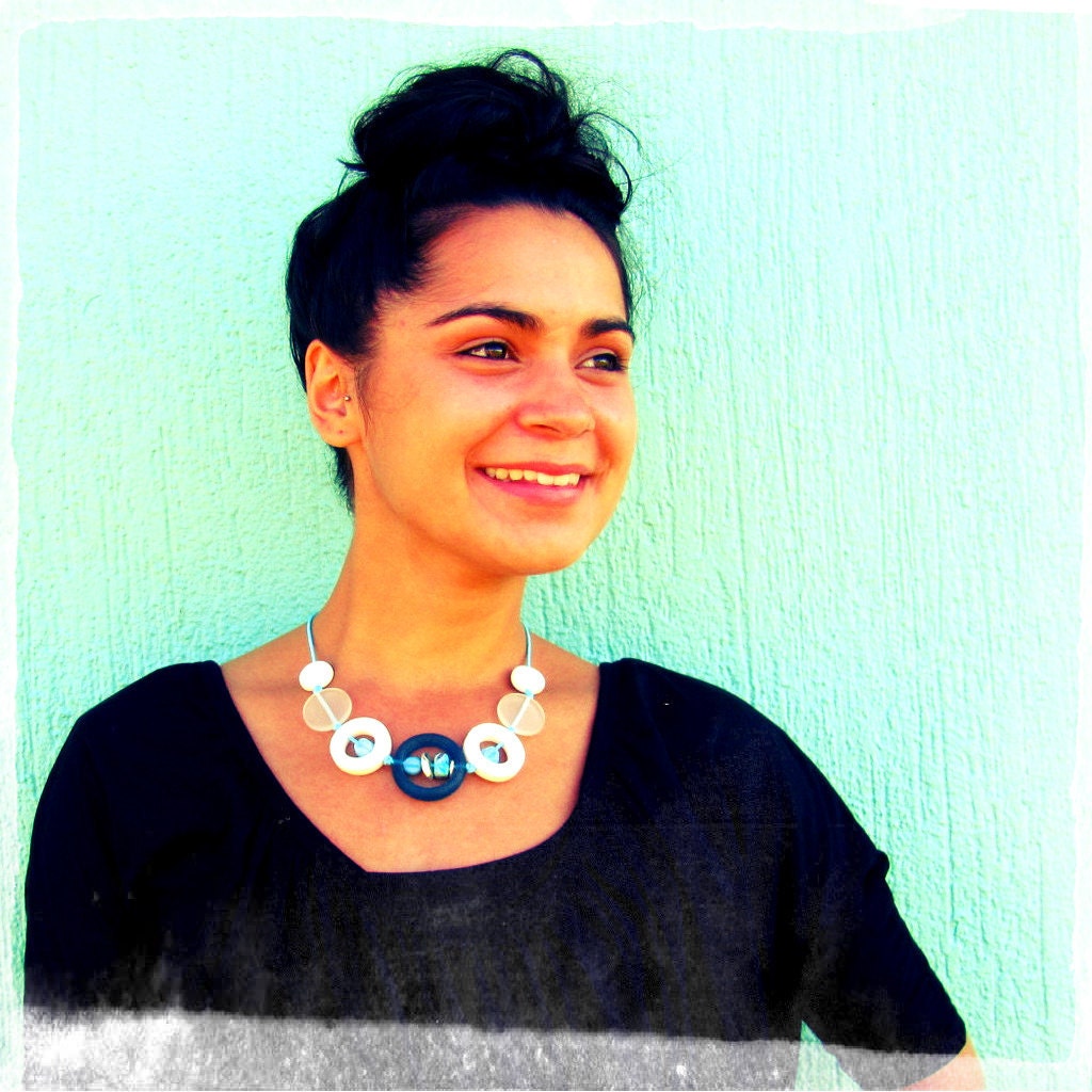 Aqua White Chunky Necklace - Aqua Blue and White Resin Beads