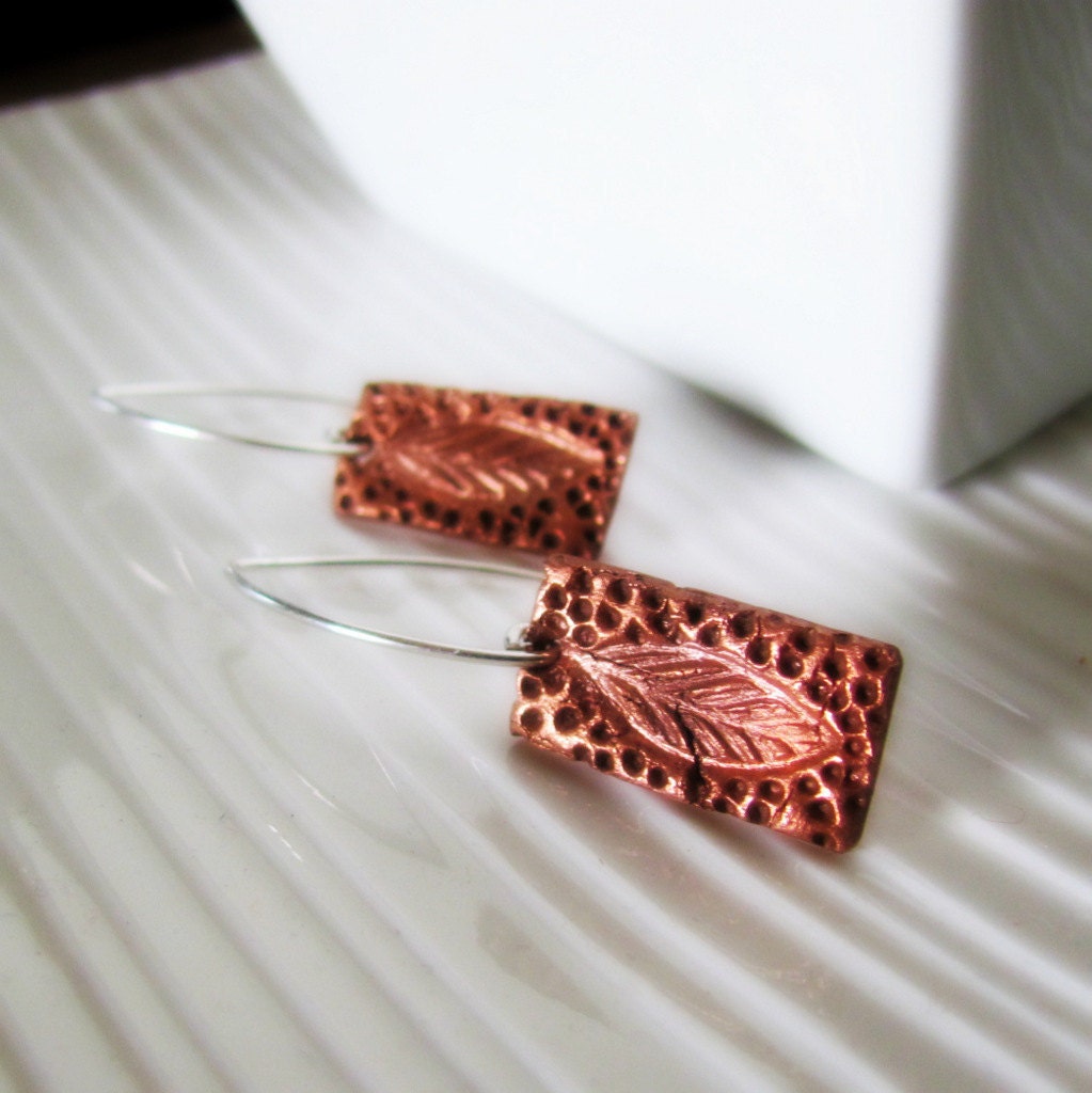 Copper Leaf Earrings on Sterling Silver Hooks