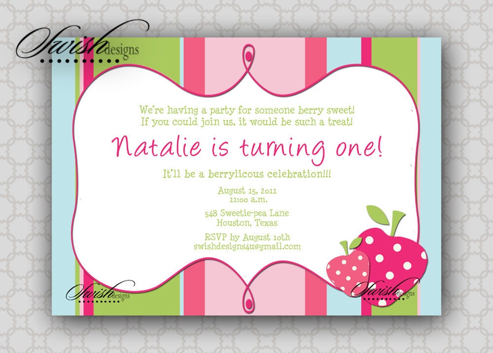 First Birthday invitation - Berry Sweet Strawberry Berries 5x7  Invite  - Printable Party -Digital