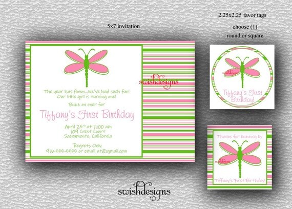 Dragonfly birthday party invitation package 5x7 invite and favor tag design. Printable party. Pink green stripes Il_570xn