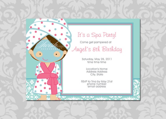 Spa Birthday Party Invitaton - 5x7 digital printable party - blue pink teal - relax Il_570xn