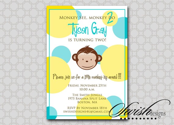 Monkey Birthday Invitation - Mod Monkey Modern Boy birthday party invitationPhoto printable invite Digital Il_570xn