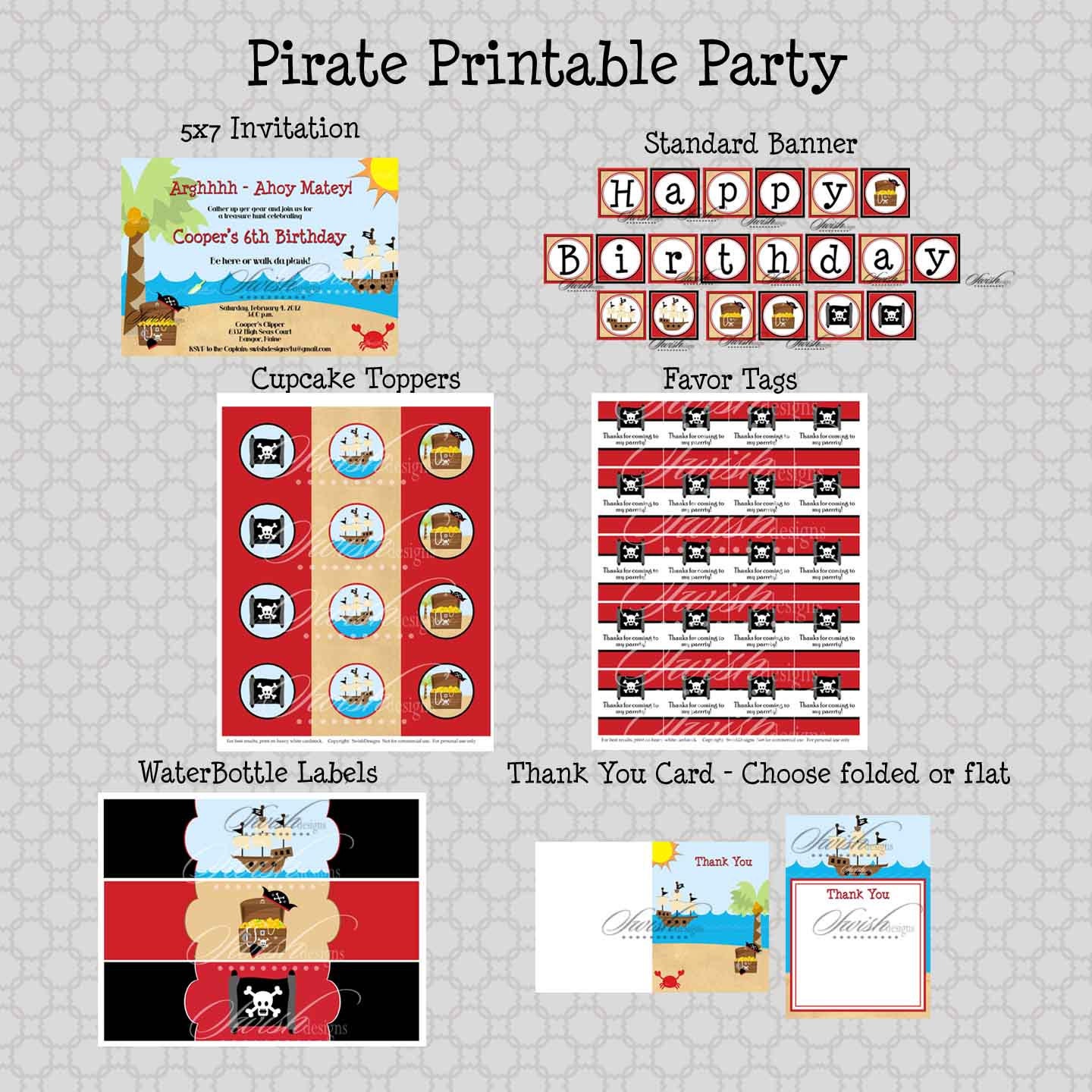 Pirate Birthday Party Package: Printable DIY Includes custom 5x7 invite, favor tags, cupcake toppers, water bottle labels and more Il_570xn