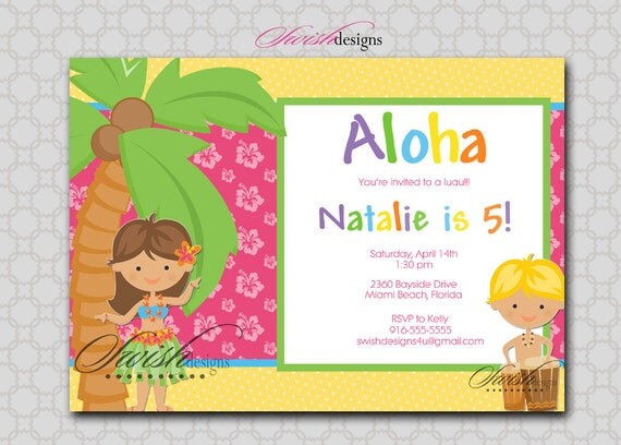Luau Birthday Invitation - Hula boy Hula girl- Digital Printable Birthday 5x7 Invite Il_570xn