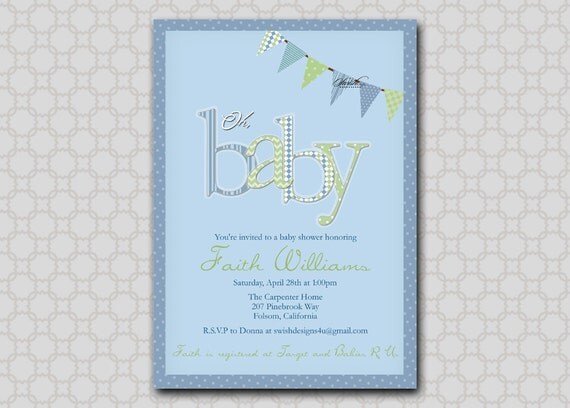 Oh Baby - Baby Shower Invitation Digital - Printable Invite - Pennant Banner Bunting Il_570xn