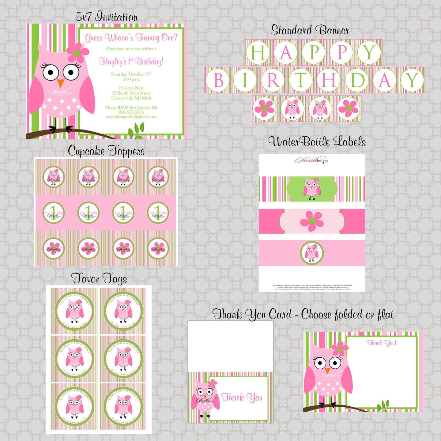 Owl Birthday Party - Printable DIY Includes custom 5x7 invite, favor tags, cupcake toppers, water bottle labels and more Il_570xn