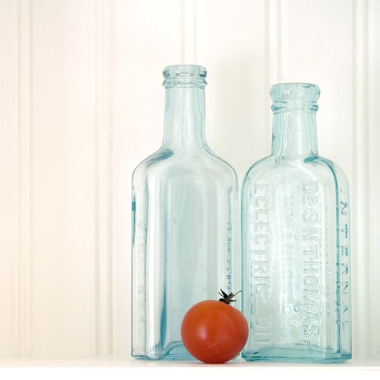 Vintage Bottle Photograph, Red and Blue, Cherry Tomato, Food Photography, Kitchen Art, 5 x 5 - Red