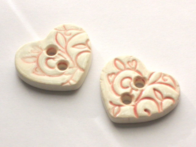 Little Red Hearts - 2 Handmade Earthenware Buttons