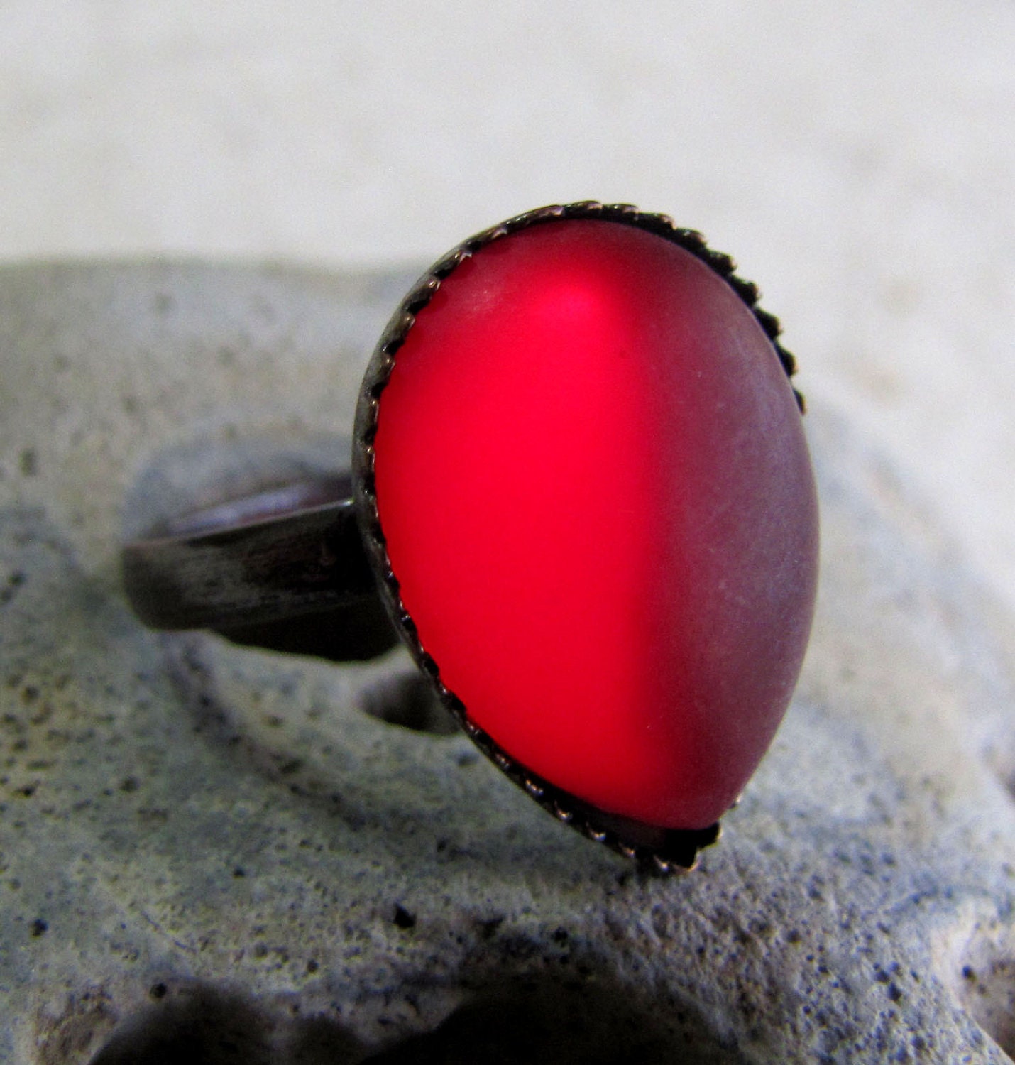Ruby Red Ring - Frosted Tear Drop Ring Antiqued Copper