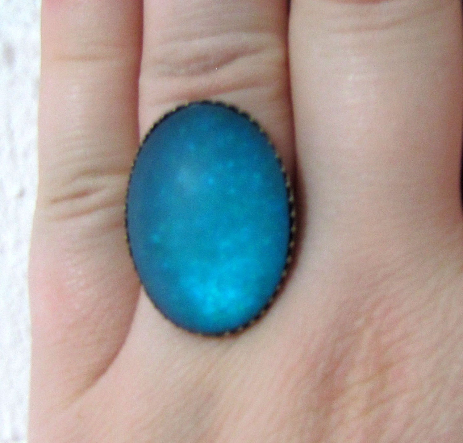 Big Teal Cocktail Ring - Satin Glow Caribbean Frost Ring in Antiqued copper