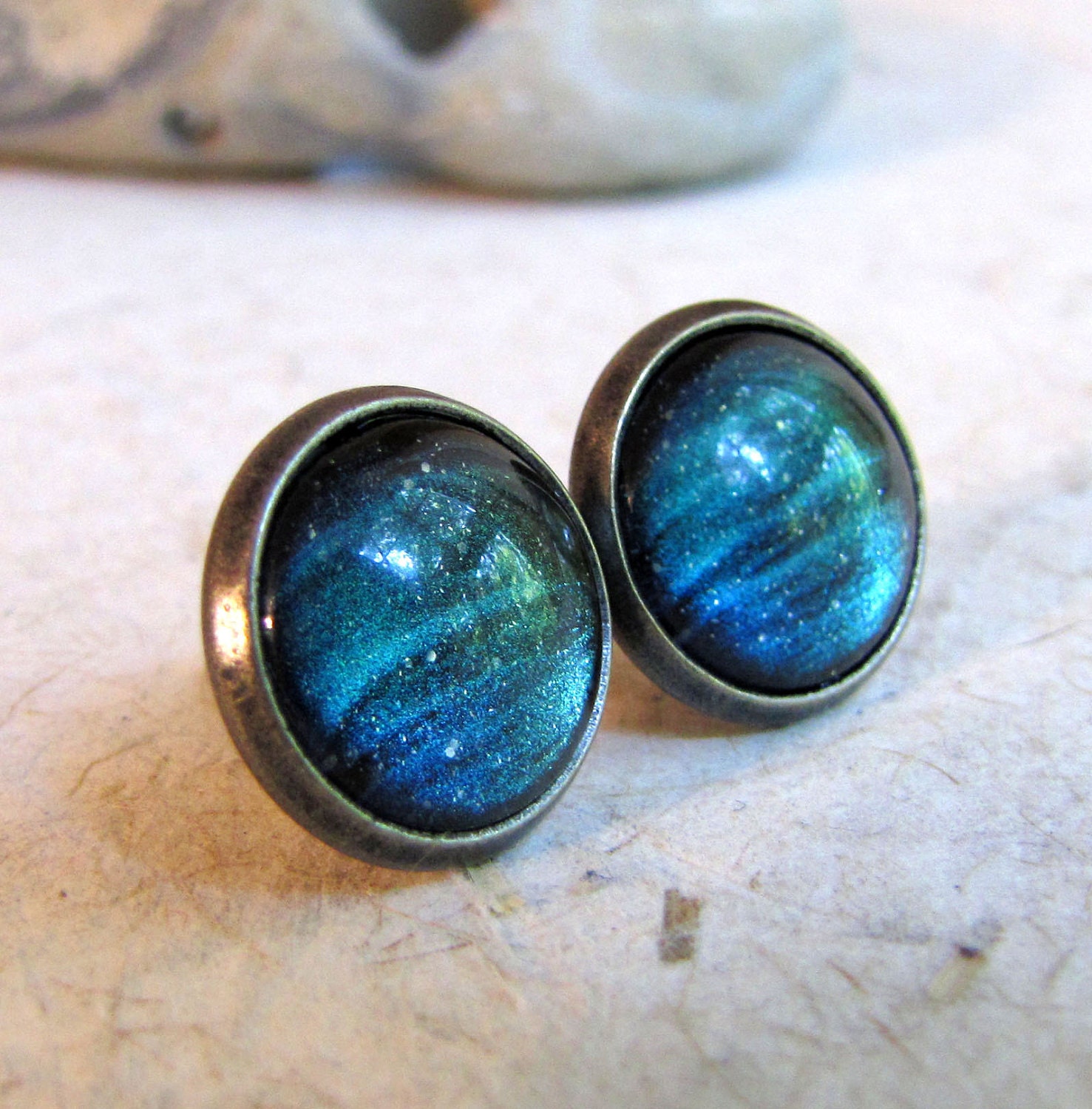 Northern Lights Post Earrings - Antiqued Silver - Blue Green Night Sky