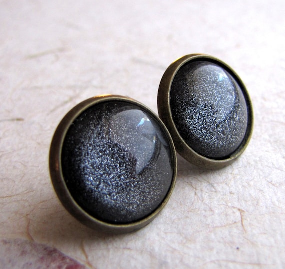 Gunmetal Gray Earrings - Antiqued Brass - Fake Plugs Faux Gauges