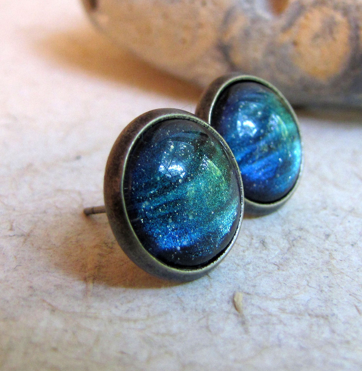 Northern Lights Post Earrings - Antiqued Silver - Blue Green Night Sky