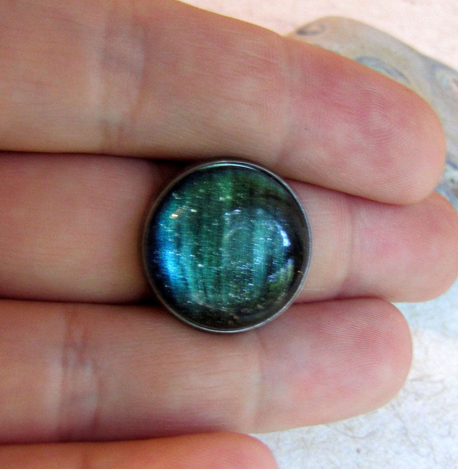 Northern Lights Ring - Blue Green Night Sky Ring in Antiqued Silver