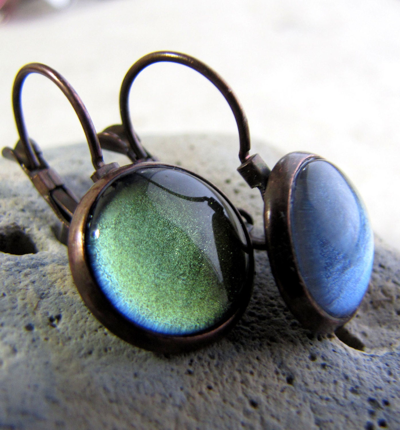 Green Earrings - Antiqued Copper Dangle Earrings -Olive Green Blue