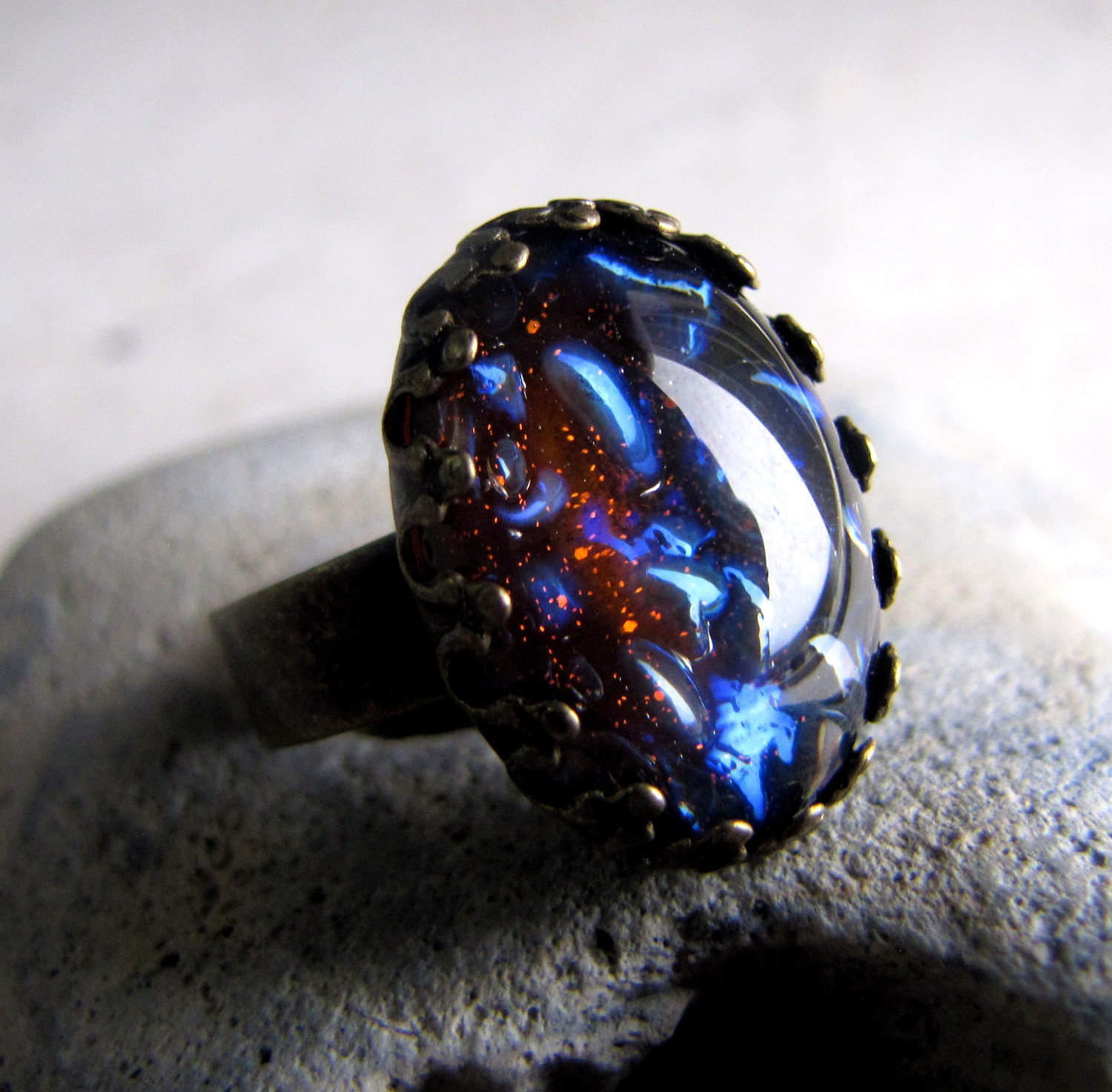 Black Opal Ring - Vintage Glass Ring - Steampunk Ring