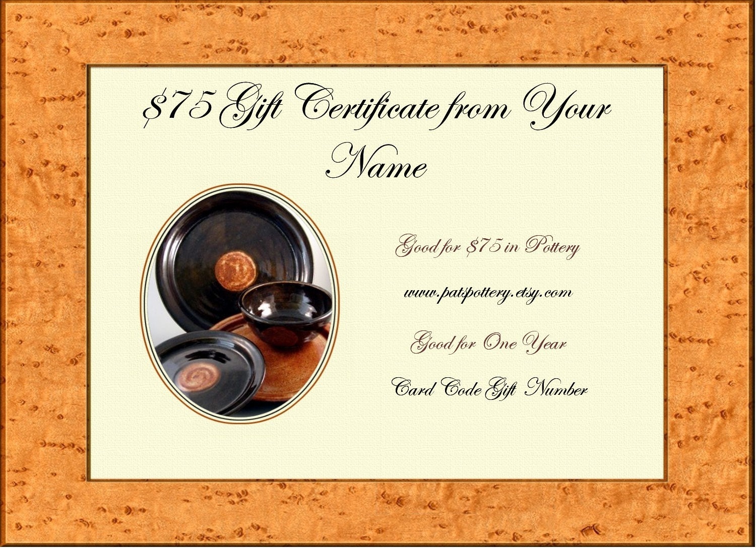 75 Dollar Gift Certificate of Pottery / Can be emailed today