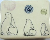 Handmade Bunny Ceramic Square Plate or Wall Hanging / Ready to Ship Today / Three Rabbits with an Attitude / Whimsy / Mishima Style