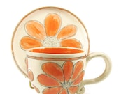 Tangerine Orange Ceramic Cup and Plate Dessert Luncheon Set - Two Piece Summer Garden - Stoneware Clay Pottery - Ships Today